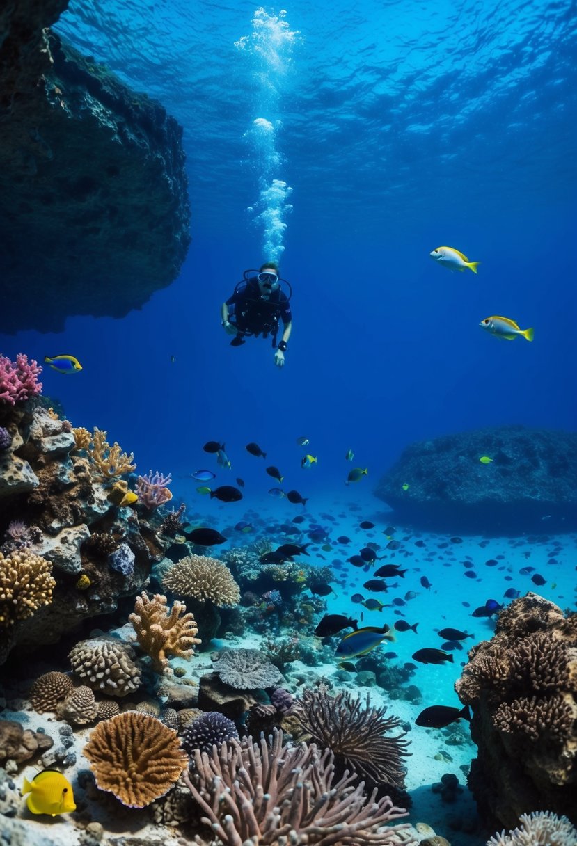 A serene underwater scene at Dahab's Blue Hole, with colorful coral, fish, and crystal-clear blue water