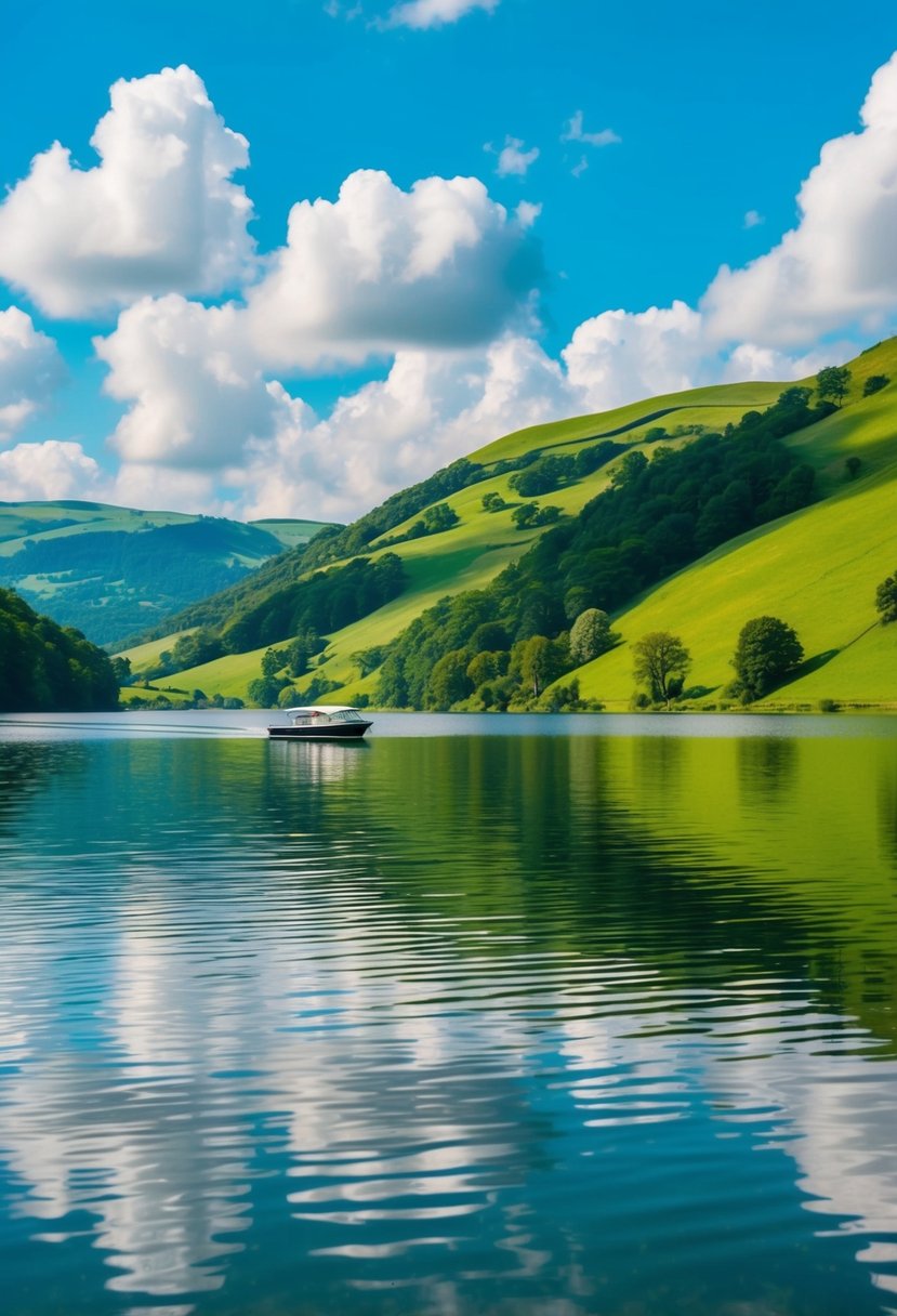 Lush green hills surround a tranquil lake, reflecting the vibrant blue sky and fluffy white clouds. A small boat glides across the water, creating gentle ripples