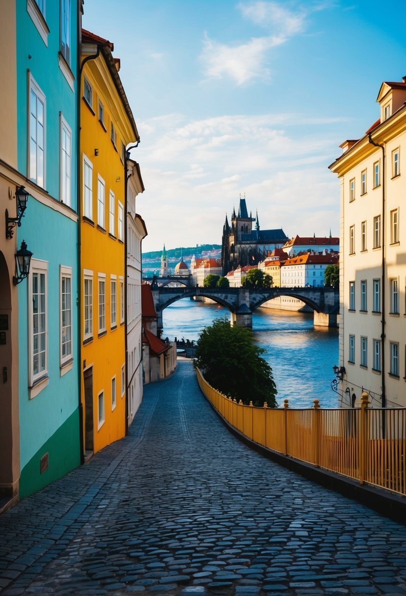 A cobblestone street lined with colorful buildings, leading to the iconic Charles Bridge with a backdrop of Prague Castle and the Vltava River