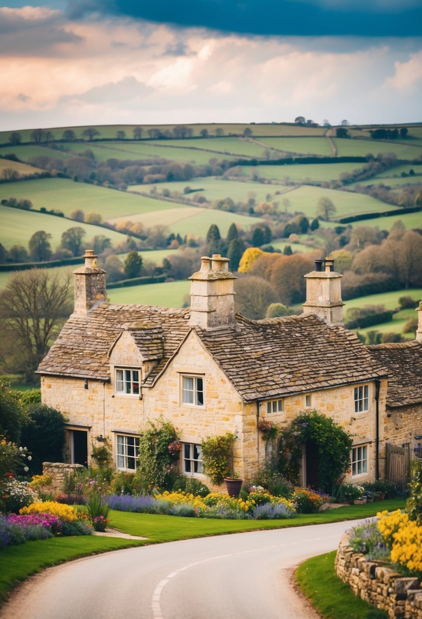 A cozy stone cottage nestled in the rolling hills of the Cotswolds, surrounded by colorful gardens and winding country lanes