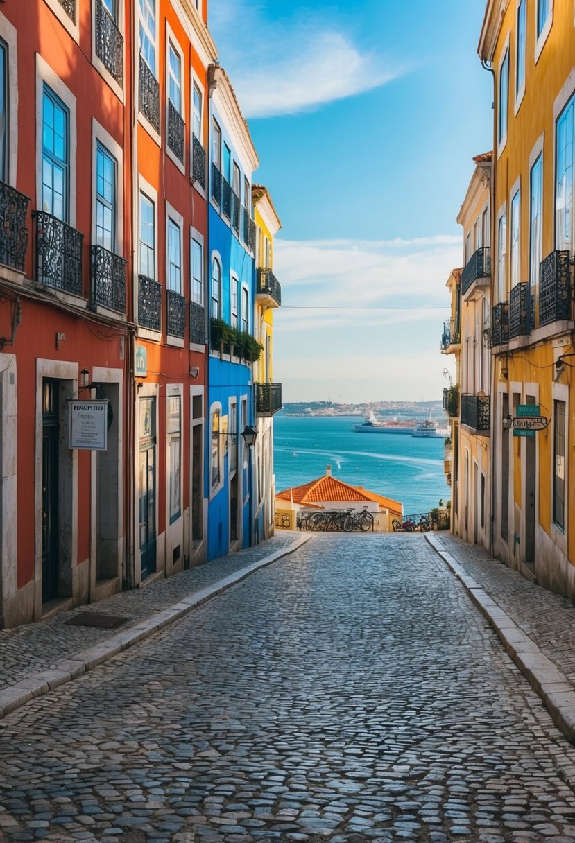 A charming cobblestone street in Lisbon, Portugal, lined with colorful buildings and quaint cafes, overlooking the sparkling waters of the Tagus River