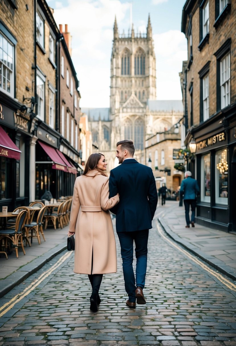 A couple strolling along the cobbled streets of York, passing by ancient buildings and charming cafes, with the iconic York Minster in the background