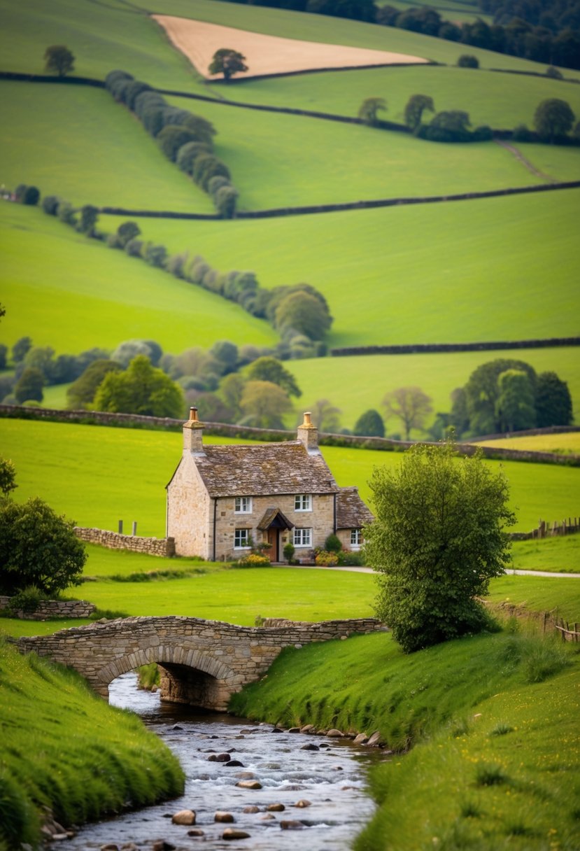 A serene countryside with rolling green hills, a charming stone cottage, and a babbling brook, all nestled in the picturesque English countryside