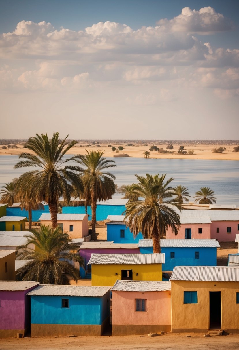 A traditional Nubian village with colorful houses and palm trees, set against the backdrop of the Nile River and desert landscape