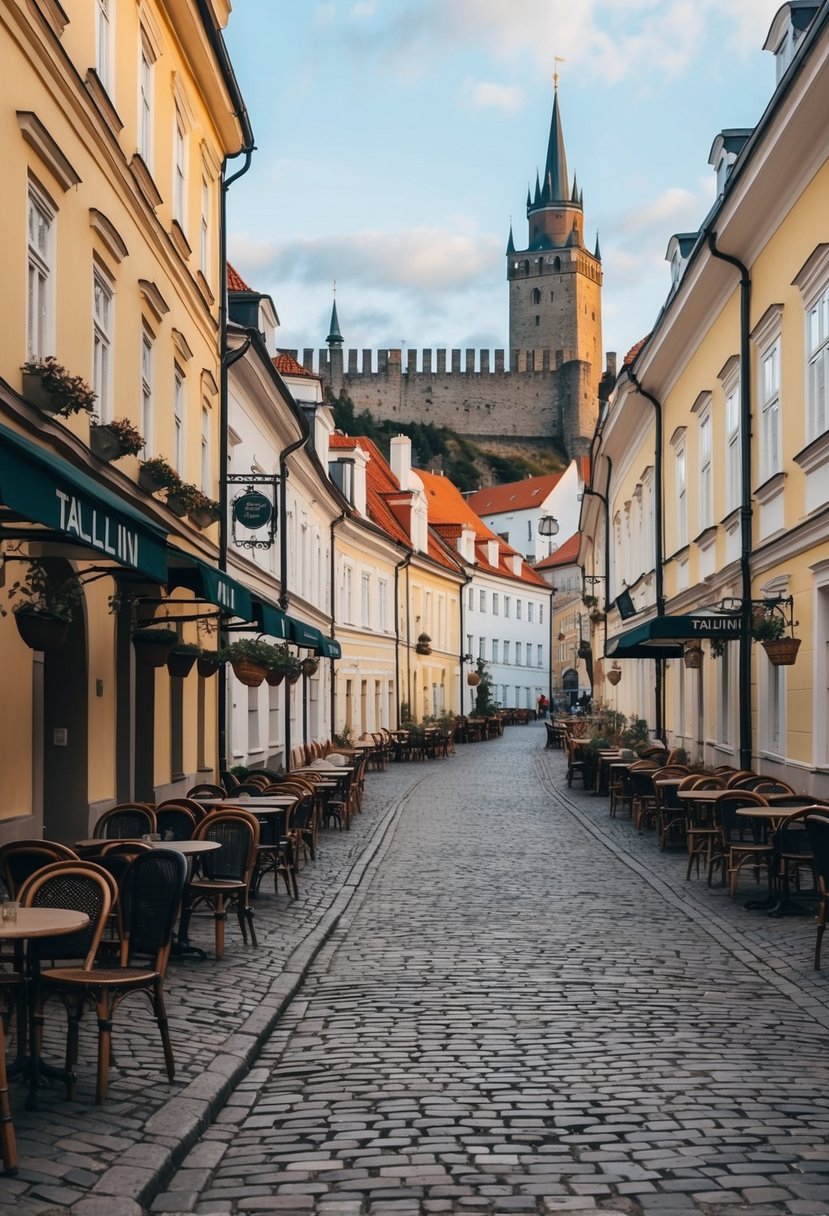 A cozy cobblestone street in Tallinn, Estonia, lined with charming cafes and historic buildings, with a view of the medieval city walls and towers in the distance