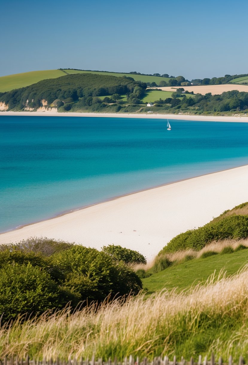 A peaceful beach with white sand, clear blue waters, and a backdrop of lush green hills on the Isle of Wight