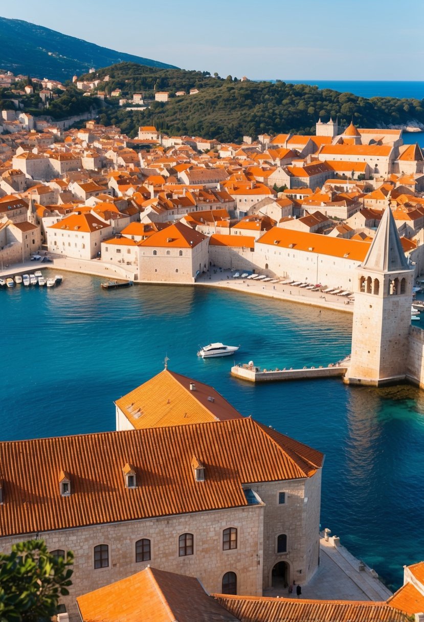 A picturesque view of Dubrovnik's old town, with its iconic terracotta rooftops and medieval walls, overlooking the sparkling blue waters of the Adriatic Sea