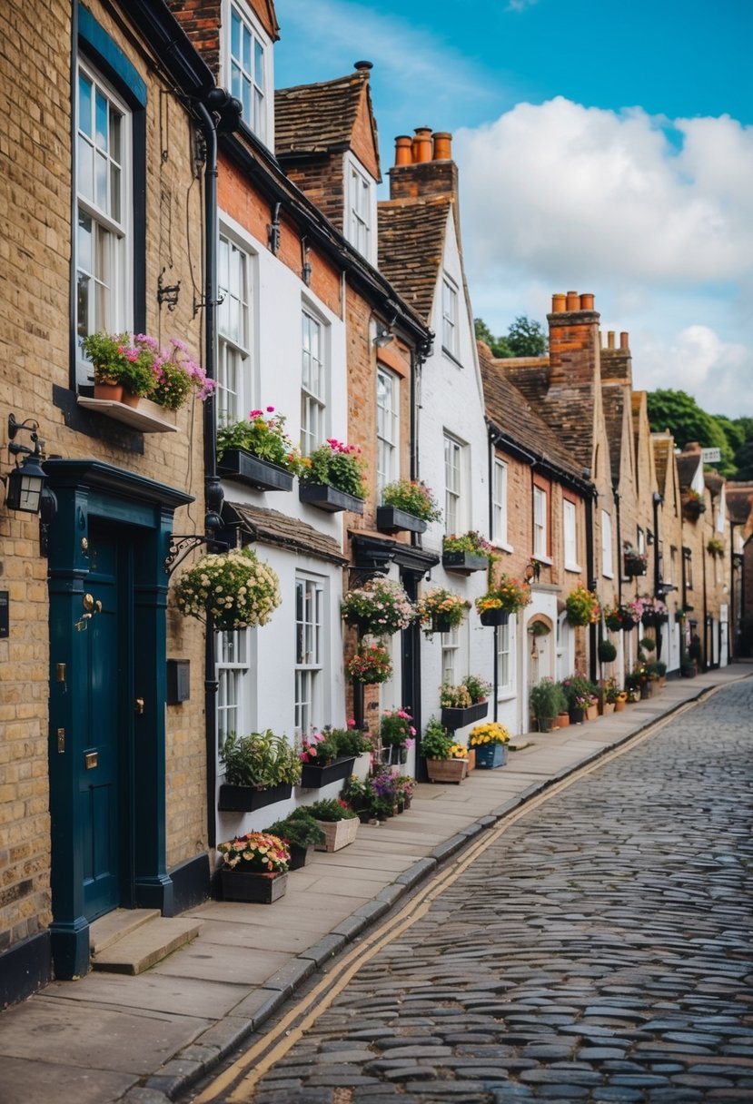 A cozy, cobblestone street lined with charming cottages and flower-filled window boxes in the picturesque town of Chester, England
