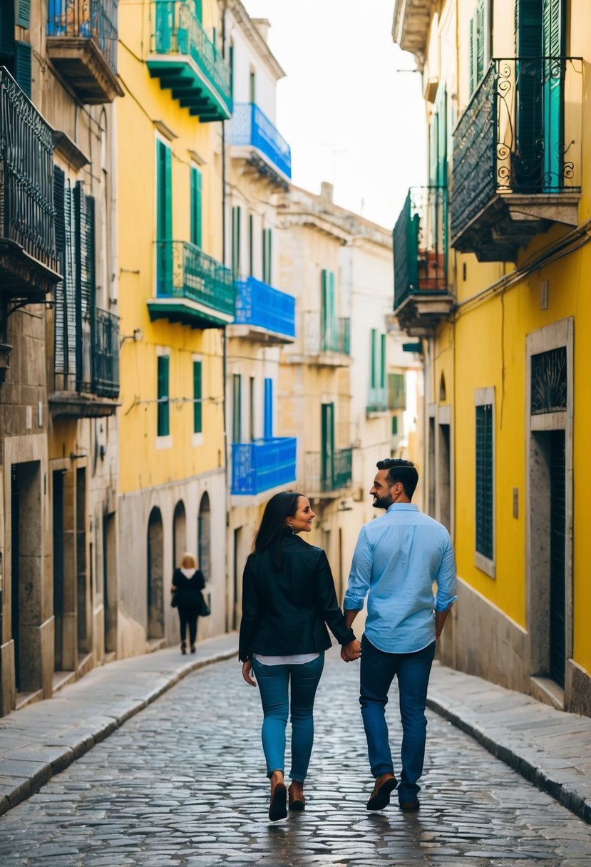 A couple strolling through the narrow cobblestone streets of Valletta, with colorful balconies and historic buildings in the background