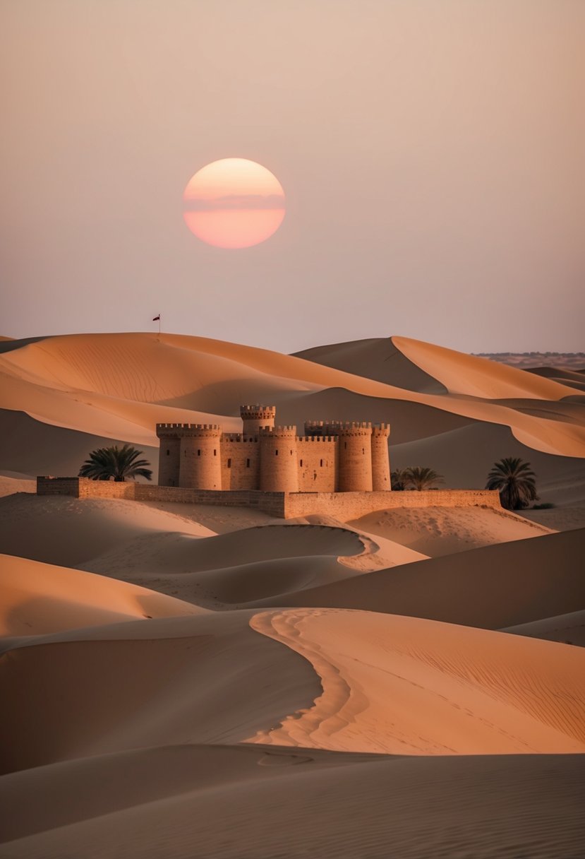 A serene, secluded castle nestled within the timeless beauty of Egypt's desert landscape, surrounded by towering sand dunes and bathed in the warm glow of the setting sun