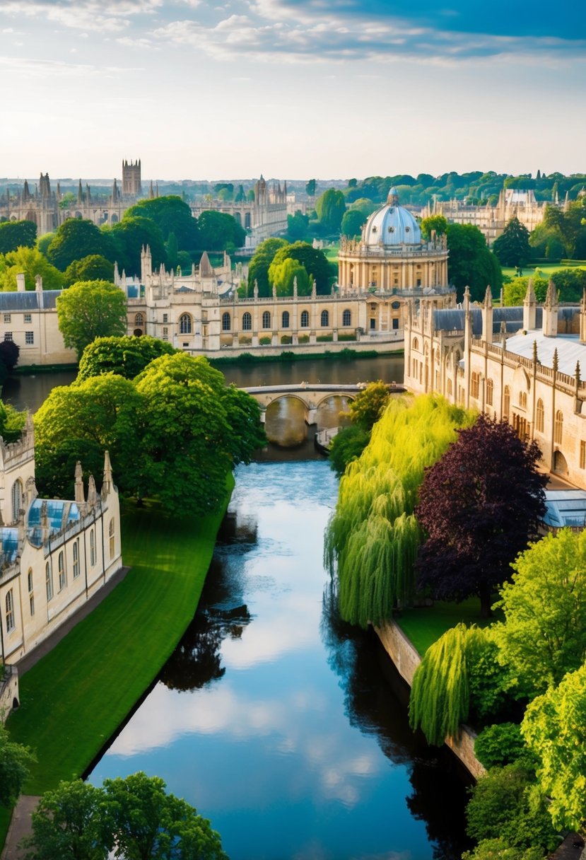 A serene, picturesque landscape of Oxford's iconic architecture and lush greenery, with a tranquil river flowing through the scene