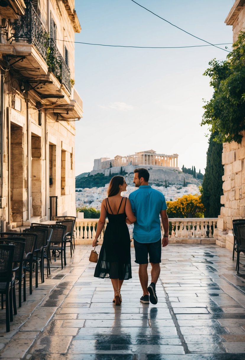 A couple strolls through the ancient streets of Athens, passing by the iconic Acropolis and enjoying the breathtaking views of the city and the Mediterranean Sea