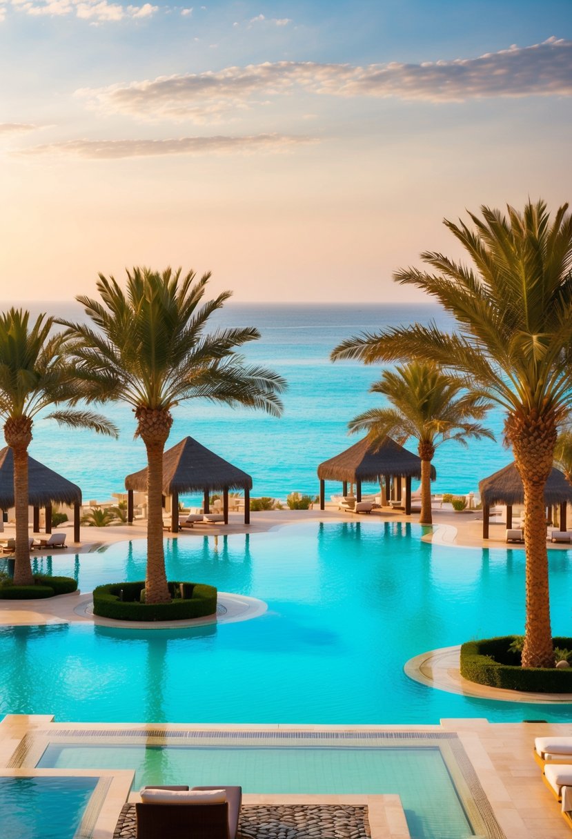 A luxurious resort in El Gouna, Egypt, with palm trees, turquoise pools, and elegant villas overlooking the Red Sea