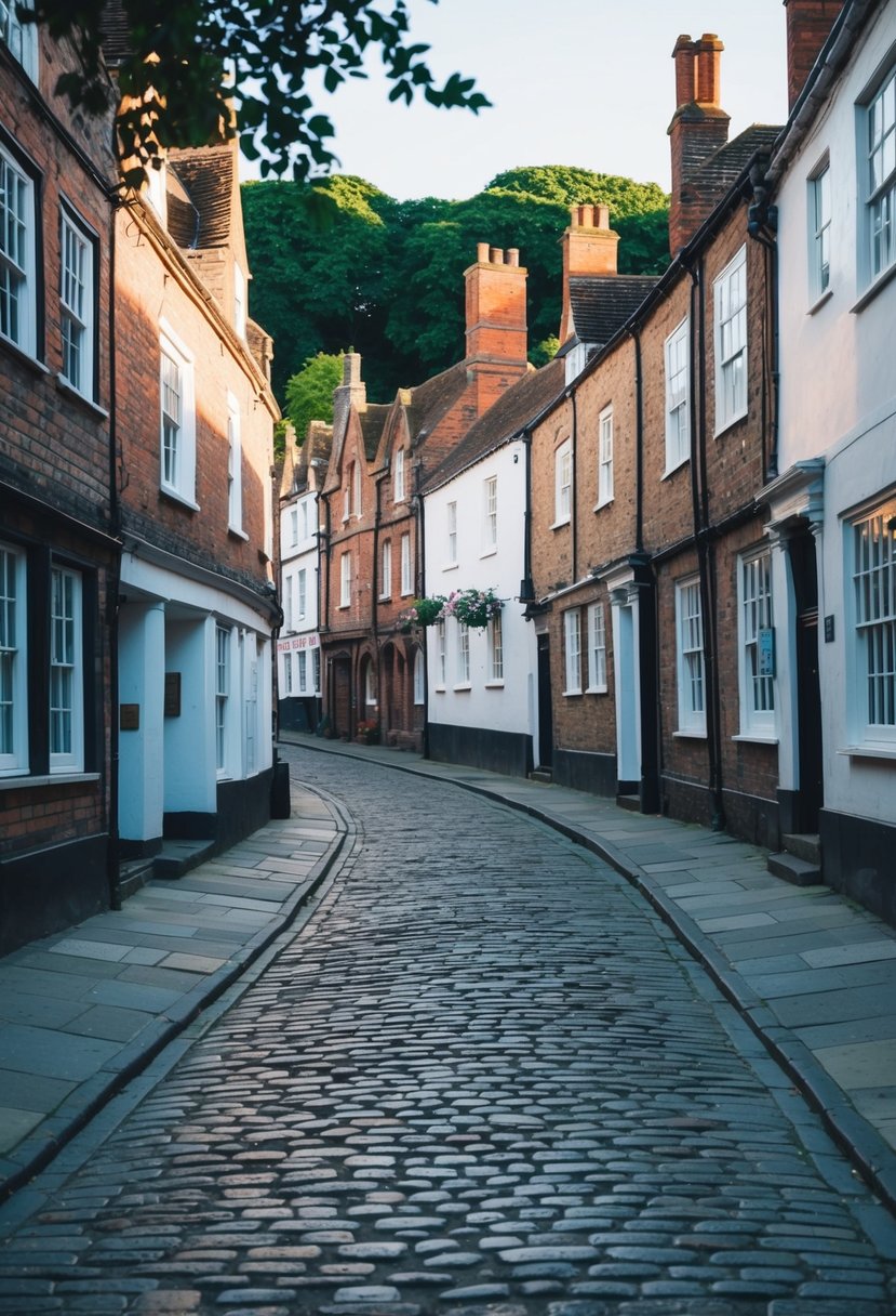 A charming cobblestone street lined with historic buildings in Canterbury, England, with a backdrop of lush greenery and a serene atmosphere