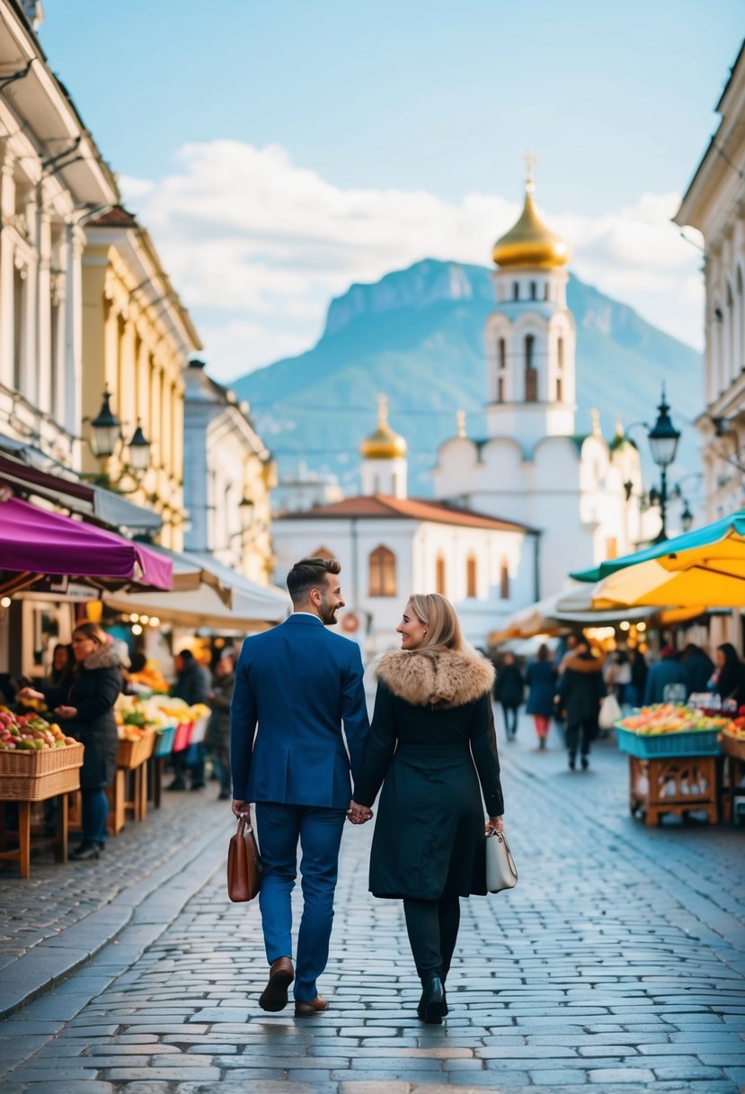 A couple strolls through Sofia's charming streets, passing by historic architecture and colorful markets, with the backdrop of the majestic Vitosha Mountain
