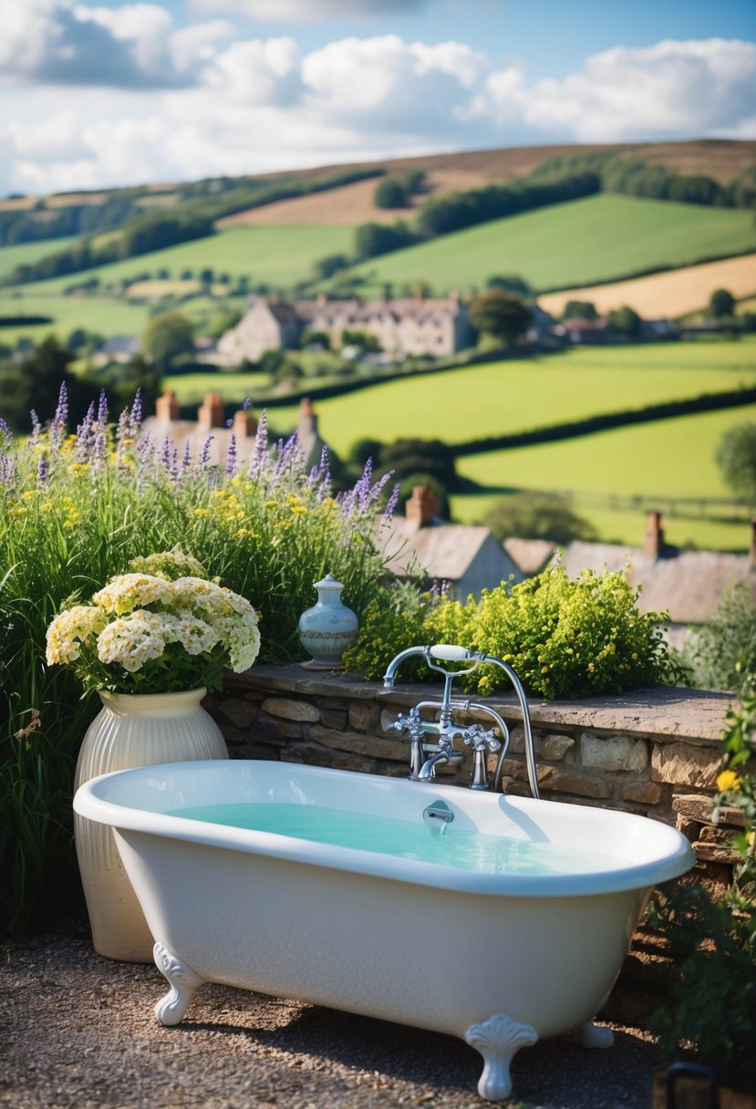A cozy English cottage nestled beside a tranquil, flower-filled bath with a view of rolling green hills and a picturesque village in the distance
