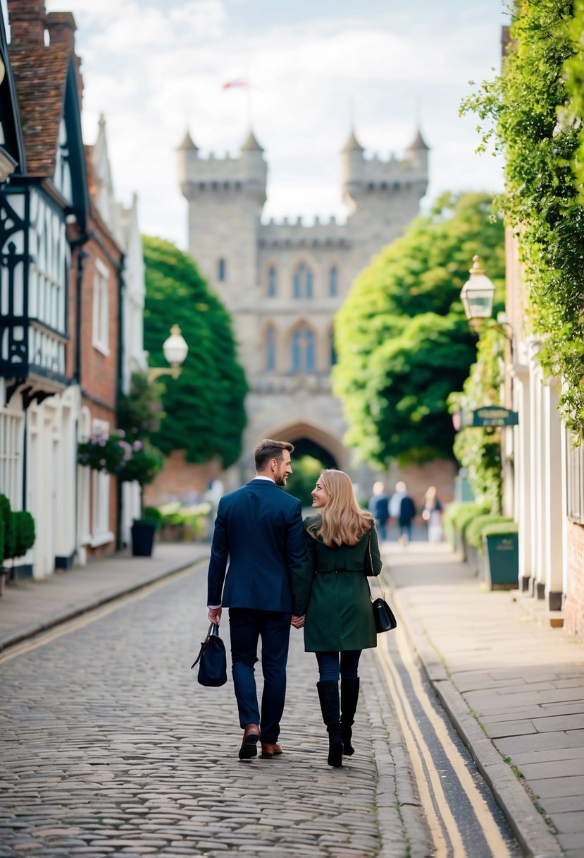A couple strolling along the cobblestone streets of Windsor, passing by charming old buildings and lush greenery, with the iconic castle in the background