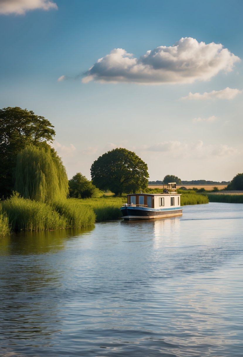 A serene scene of a tranquil Norfolk Broads landscape with a charming houseboat, lush greenery, and a calm river