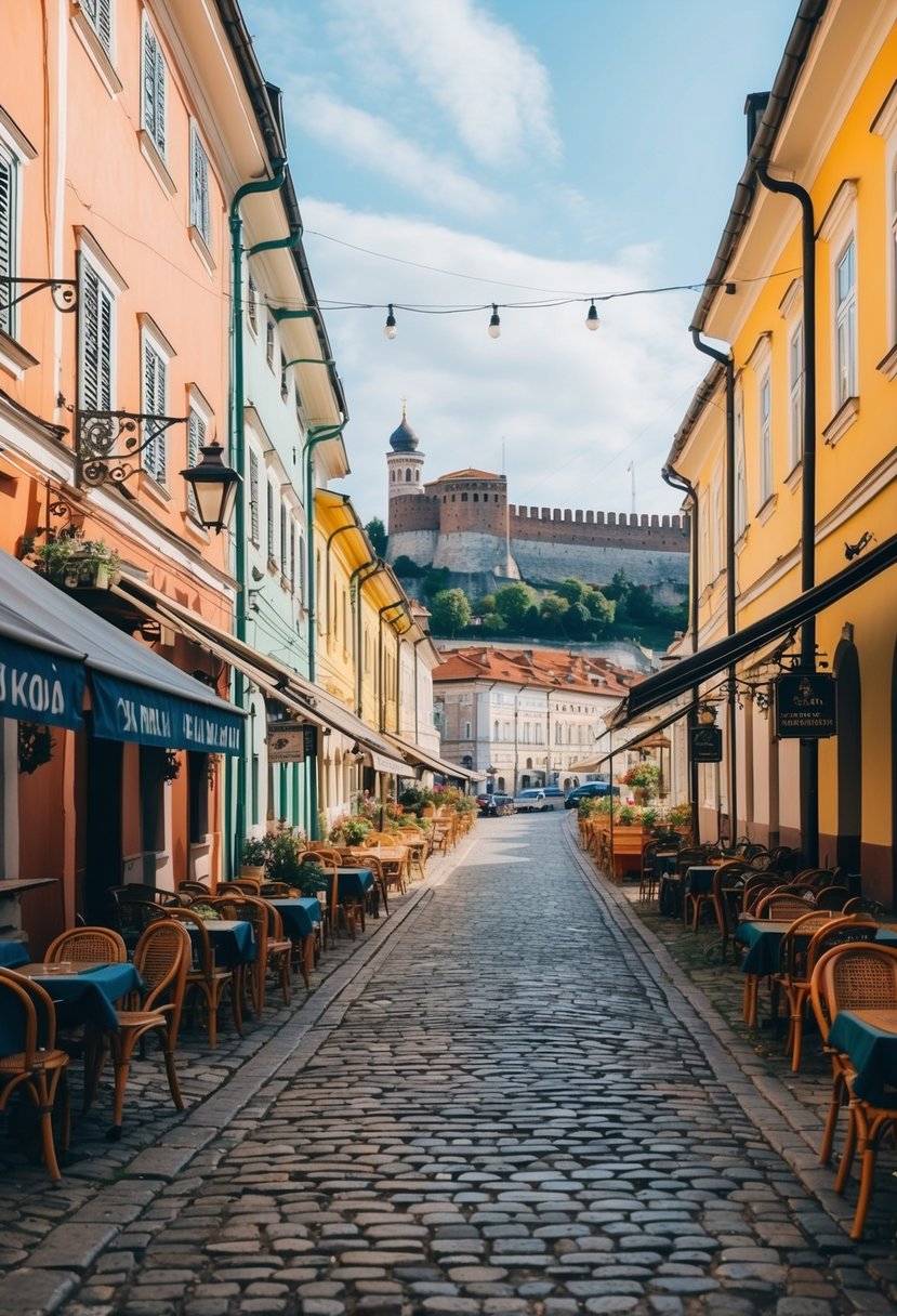 A charming cobblestone street lined with quaint cafes and colorful buildings, with a view of the historic Belgrade Fortress in the distance