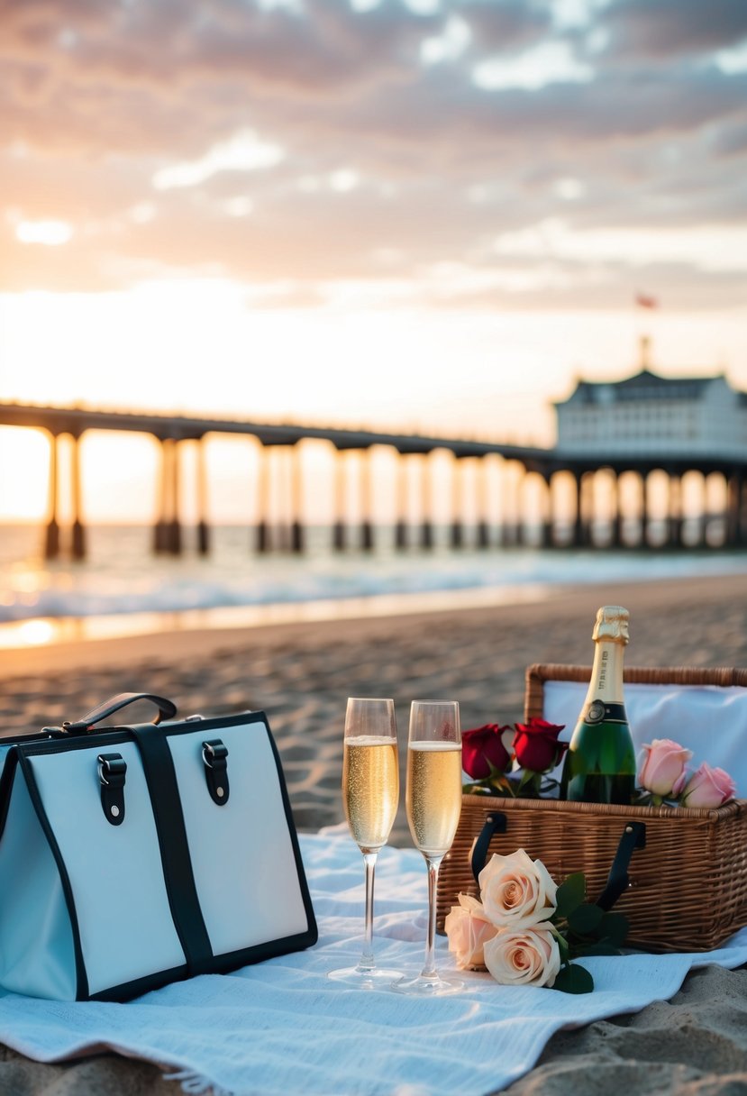 A sunset beach picnic with champagne, roses, and a view of the Brighton Pier