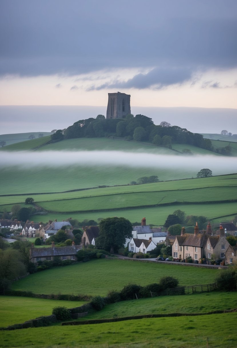 A misty Glastonbury Tor looms over rolling green hills and a quaint village nestled in the English countryside