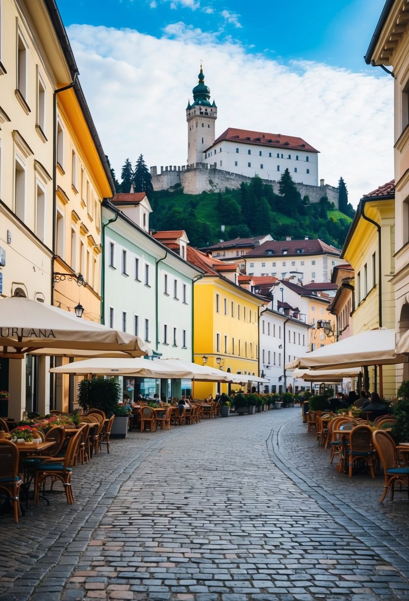 A charming cobblestone street in Ljubljana, Slovenia, lined with colorful buildings and outdoor cafes, overlooked by a majestic castle on a hill