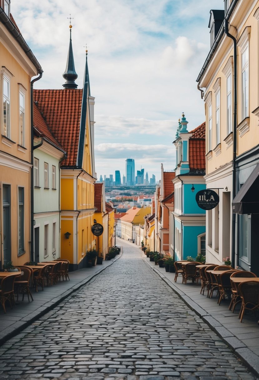 A charming cobblestone street in Riga, Latvia, lined with colorful historic buildings and cozy cafes, with a view of the city's iconic skyline in the background