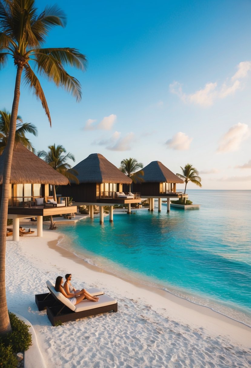 A luxurious beach resort with crystal-clear waters, palm trees, and private bungalows perched over the ocean. A couple lounges on a white sandy beach, surrounded by opulence