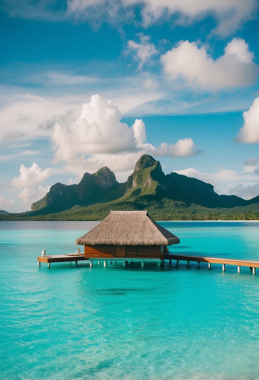 A luxurious overwater bungalow on crystal-clear turquoise waters with lush green mountains in the background