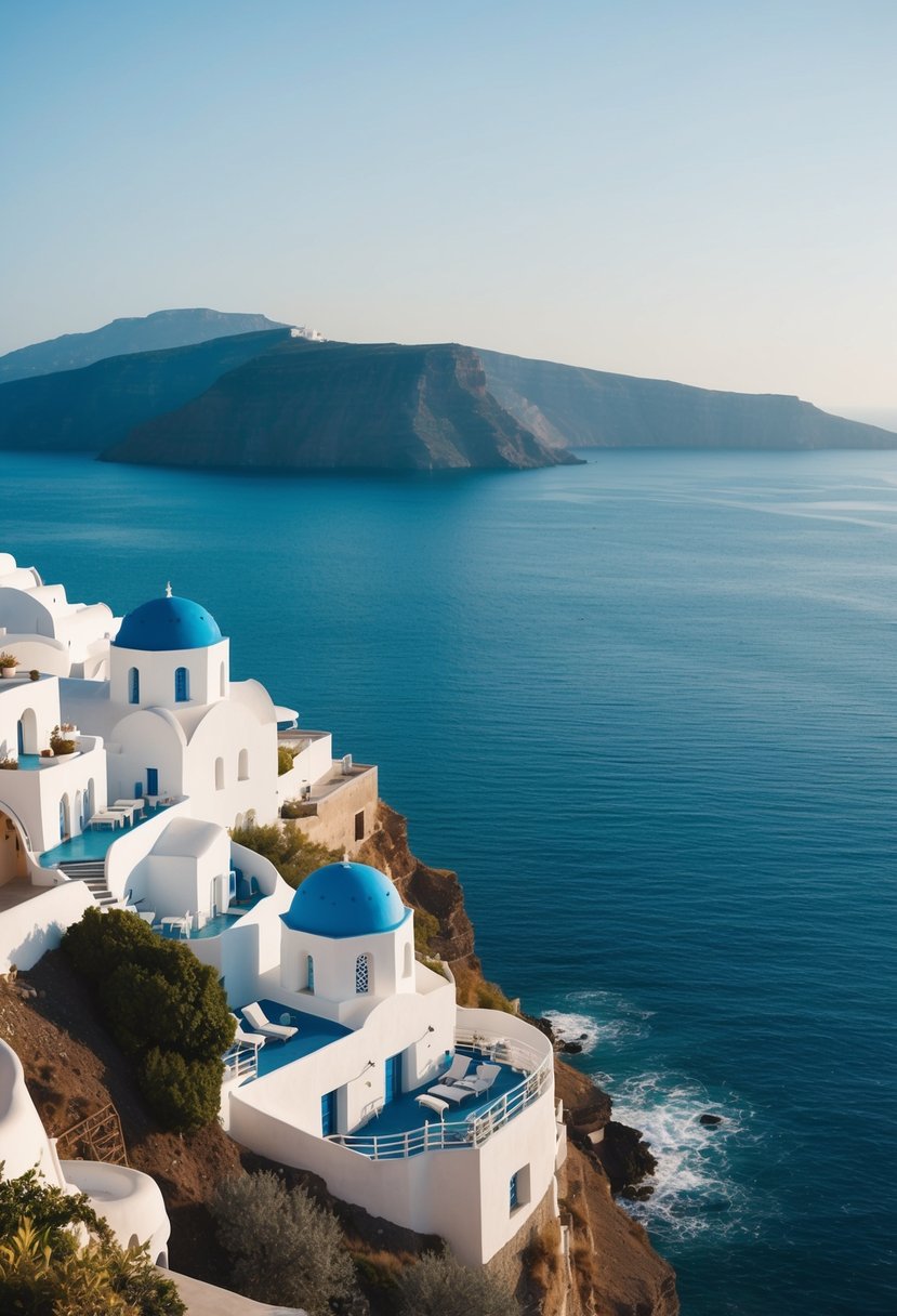 A luxurious resort perched on the cliffs of Santorini, overlooking the sparkling blue waters of the Aegean Sea. Whitewashed buildings with blue domes dot the landscape, surrounded by lush greenery