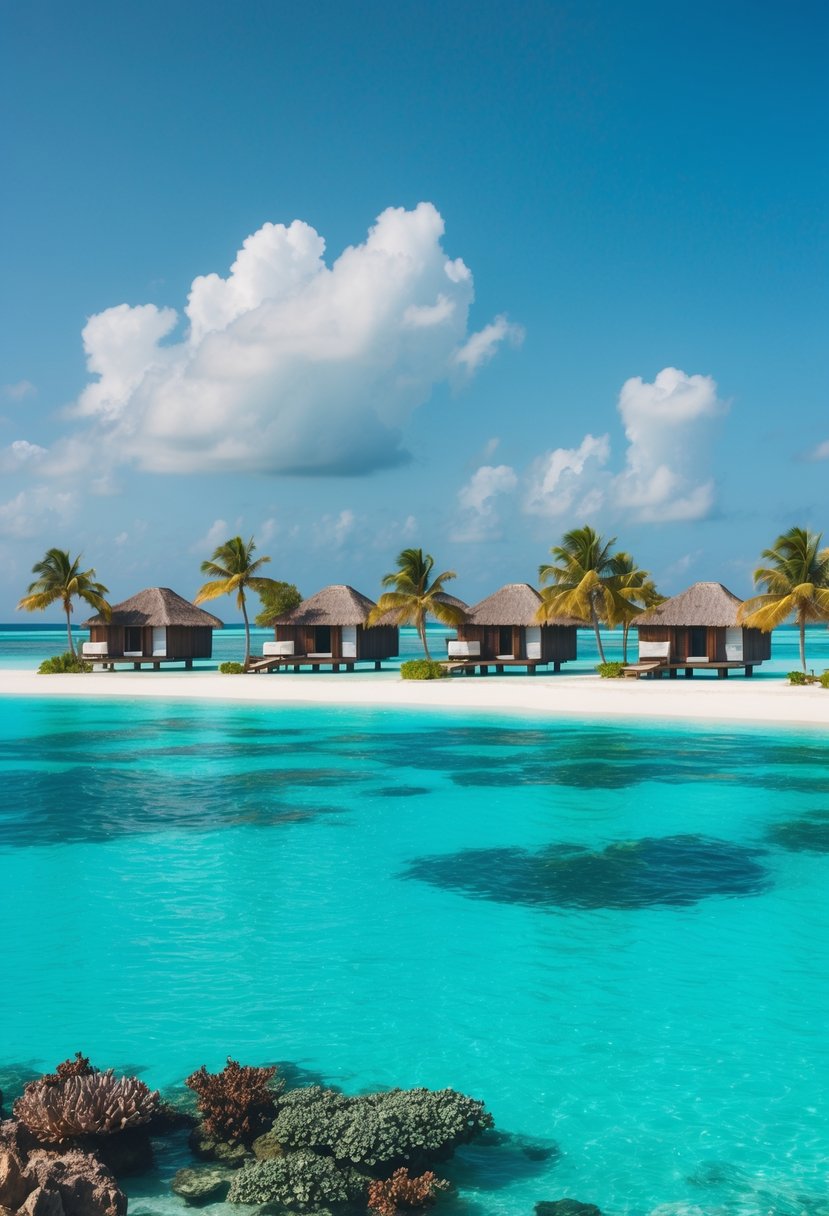 Crystal-clear turquoise waters surround luxurious overwater bungalows on a private island in the Maldives. Palm trees sway in the gentle breeze, and a colorful coral reef teems with marine life below