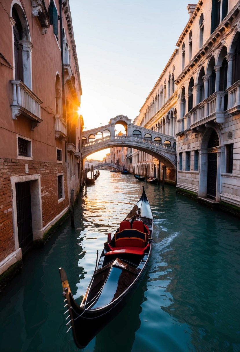 A gondola glides through the narrow canals of Venice, passing by historic buildings and ornate bridges under the warm glow of the setting sun