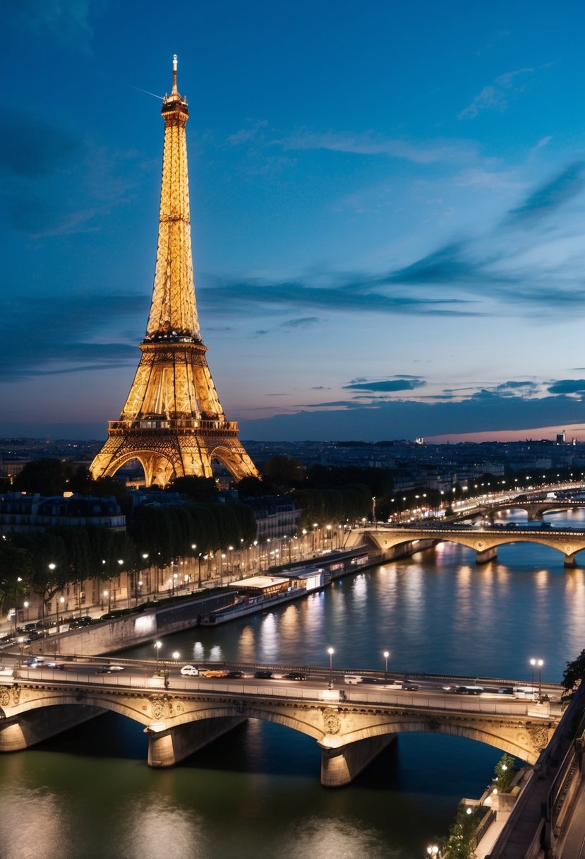 A romantic evening in Paris, with the Eiffel Tower illuminated against the night sky, overlooking the Seine River and the city’s iconic architecture