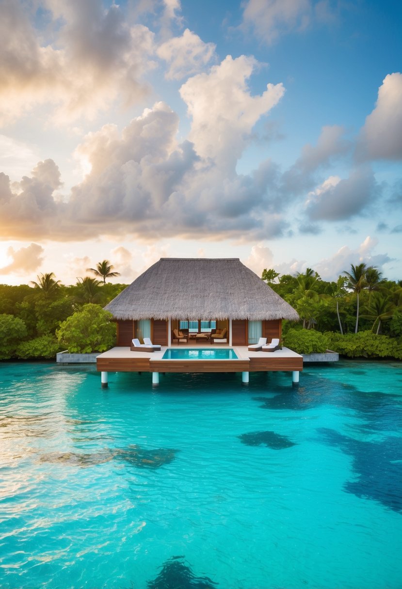 A luxurious overwater bungalow in Fiji, surrounded by crystal-clear turquoise waters and lush greenery, with a private infinity pool and a view of the sunset over the ocean