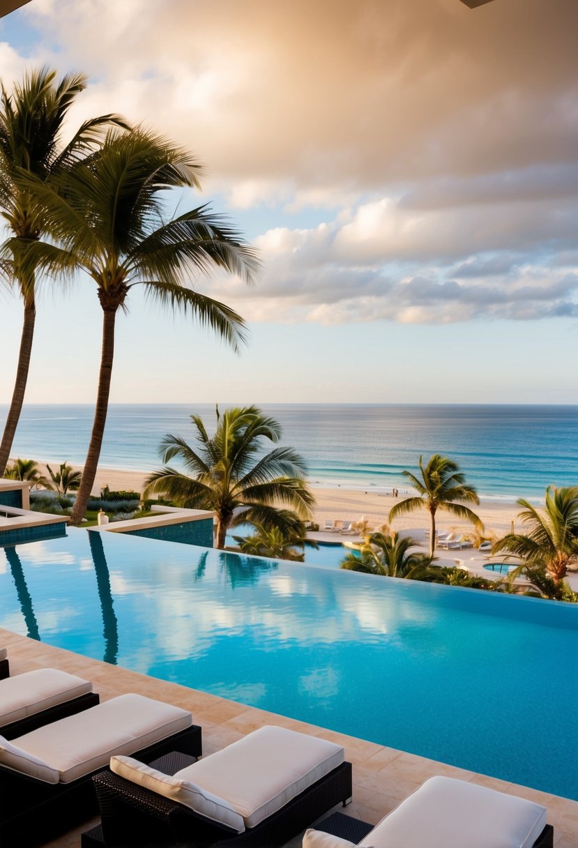 A luxurious beachfront resort in Cabo San Lucas with palm trees, infinity pool, and a view of the sparkling ocean