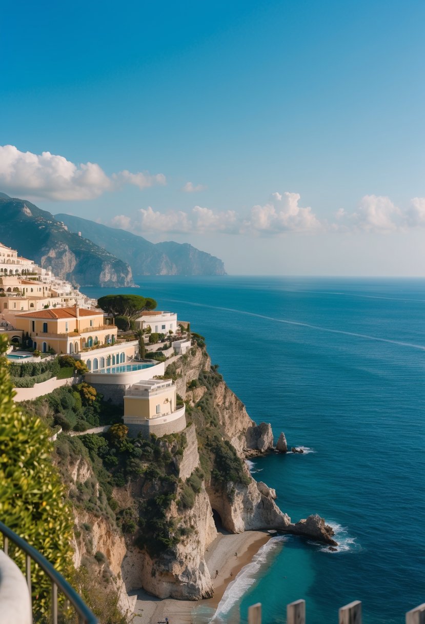 A luxurious villa perched on the cliffs of the Amalfi Coast, overlooking the azure waters of the Mediterranean Sea