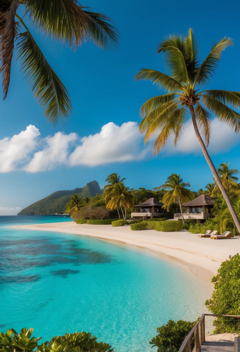Lush tropical beach with crystal-clear waters, luxury resorts, and private villas nestled among palm trees on Seychelles islands