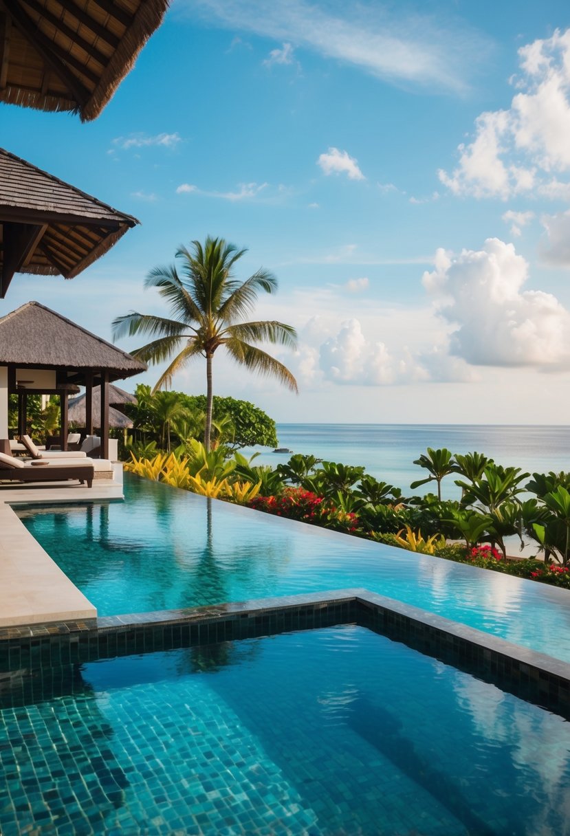 A luxurious beachfront villa in Bali, with a private infinity pool overlooking the crystal-clear ocean and lush tropical gardens