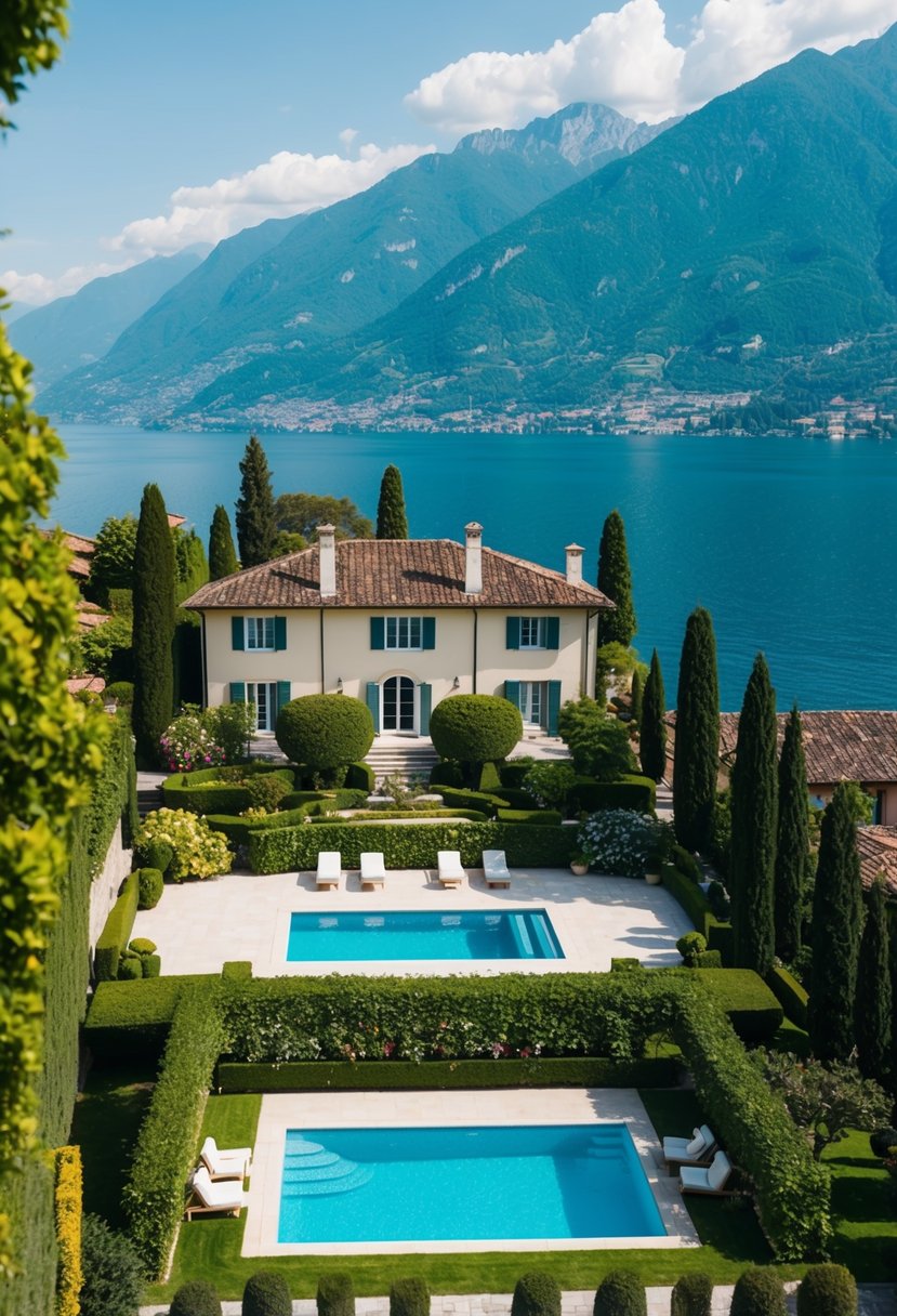 A luxurious villa overlooking Lake Como, with lush gardens, a private pool, and a stunning view of the surrounding mountains