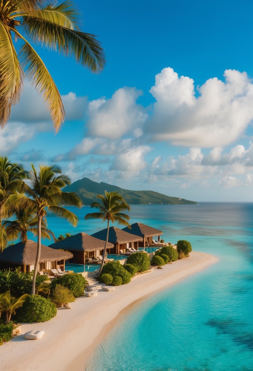 A luxurious beachfront resort with crystal-clear waters, palm trees, and luxurious villas overlooking the ocean in St. Lucia