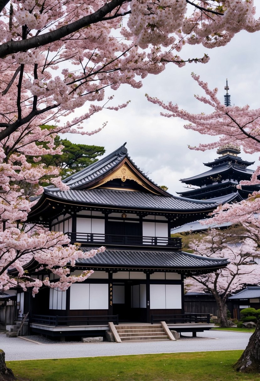 A traditional Japanese tea house surrounded by cherry blossom trees in full bloom, with a view of the historic Kinkaku-ji temple in Kyoto, Japan