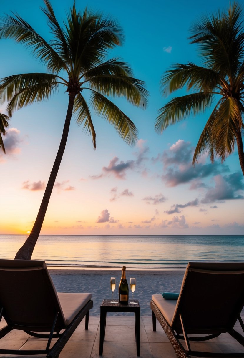 A tropical beach at sunset, with palm trees, a calm ocean, and a couple of lounge chairs with a bottle of champagne on a table