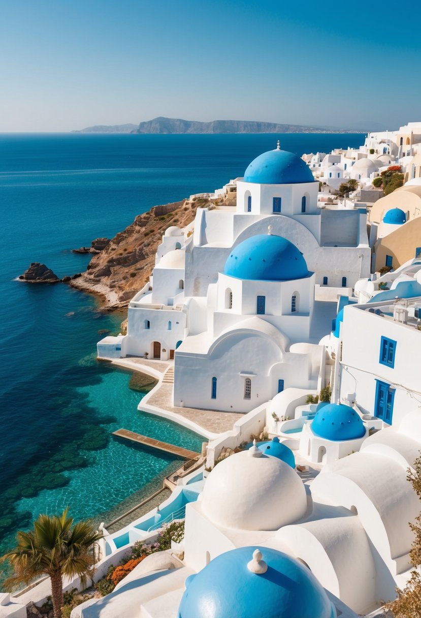 A picturesque view of the iconic white buildings with blue domes overlooking the crystal clear waters of the Aegean Sea on a sunny day in February