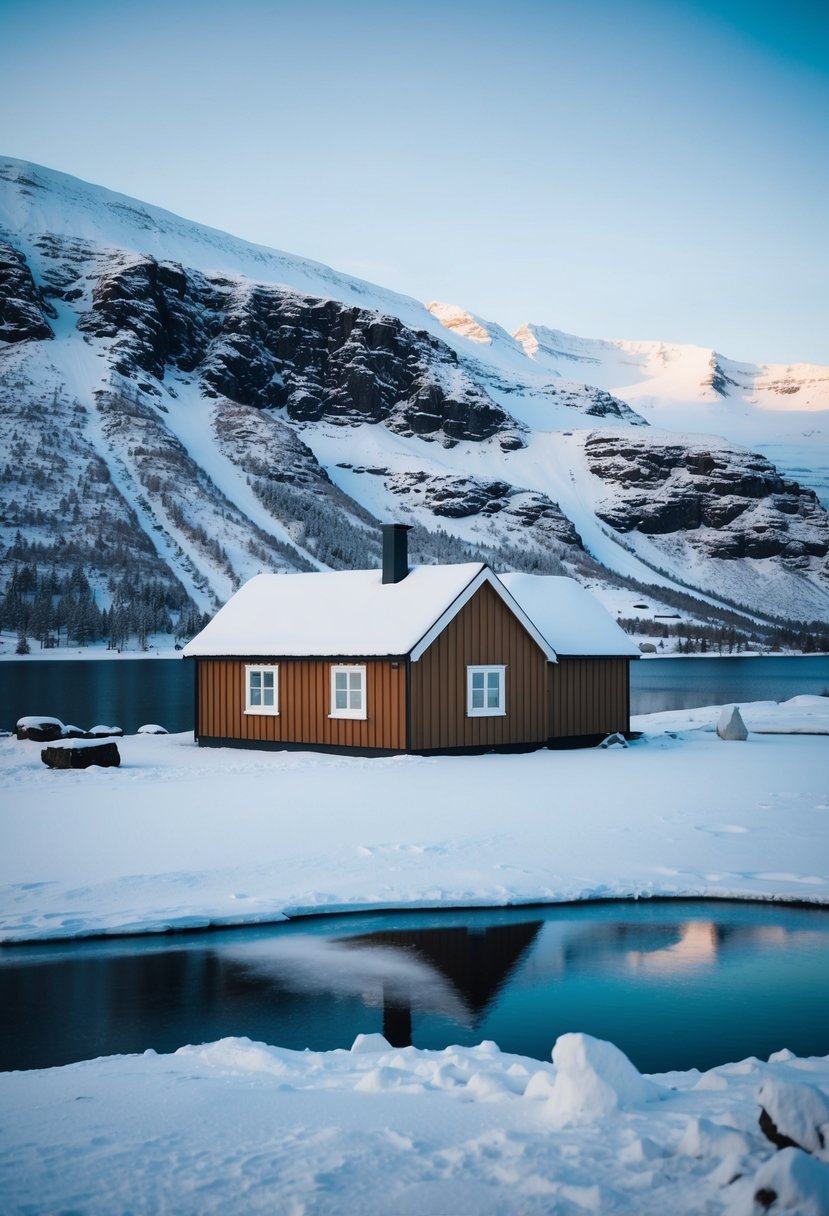 A cozy cabin surrounded by snowy mountains and a frozen lake in Reykjavik, Iceland