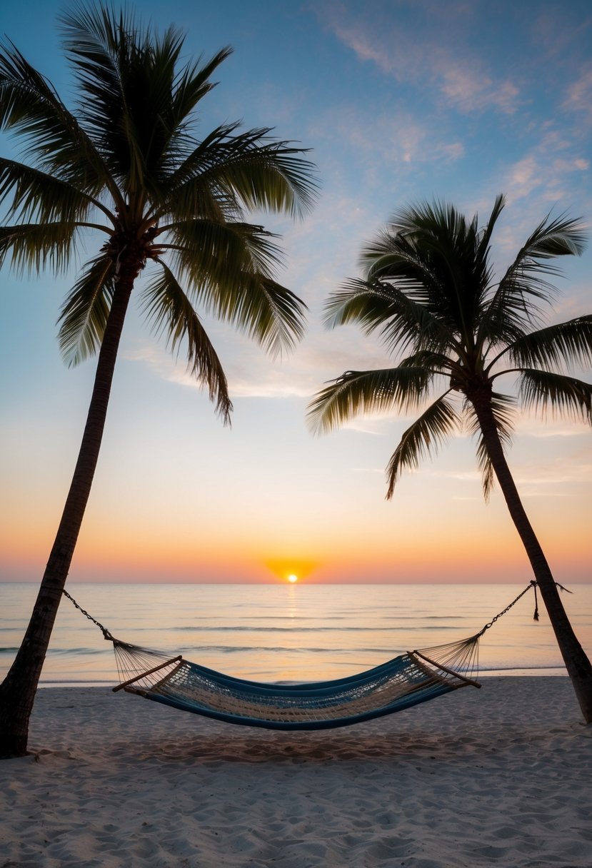A serene beach at sunset, with palm trees and a hammock overlooking the ocean