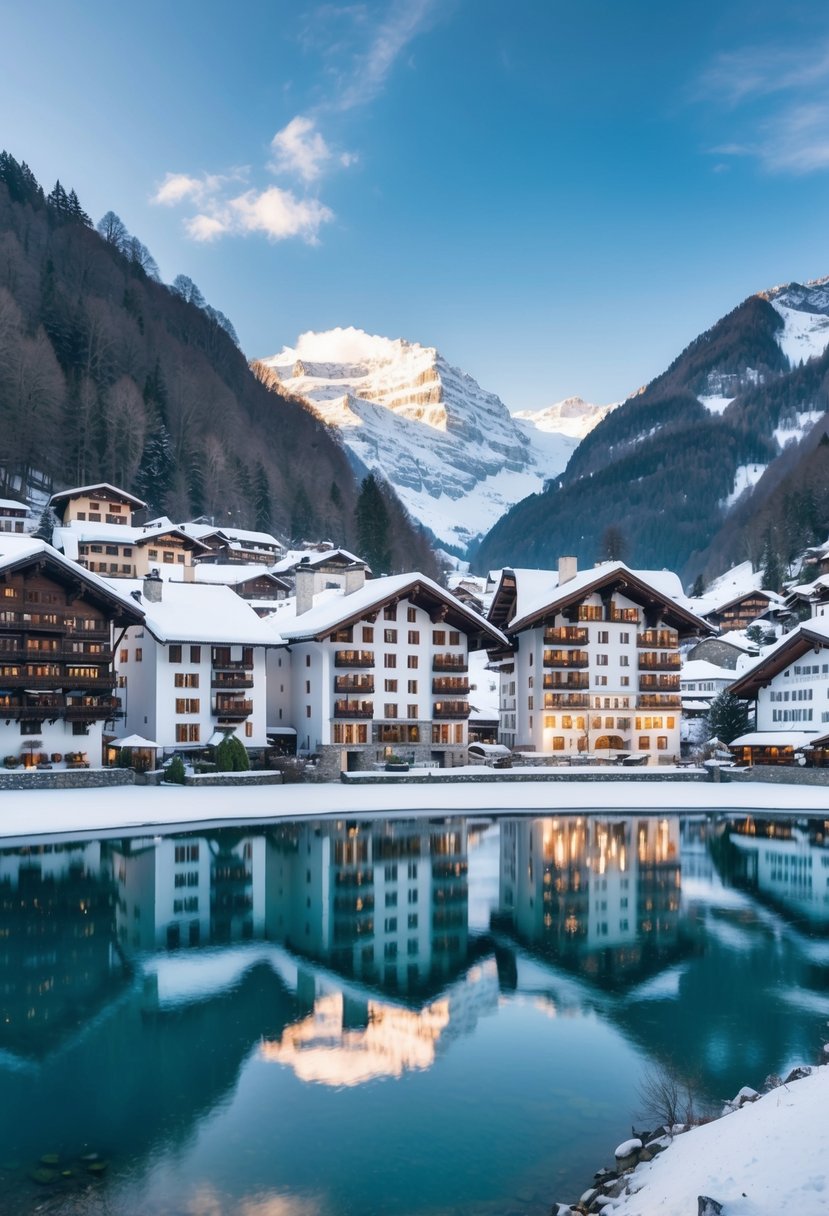 Snow-covered chalets nestled in the Swiss Alps, with a frozen lake reflecting the picturesque town of Lucerne