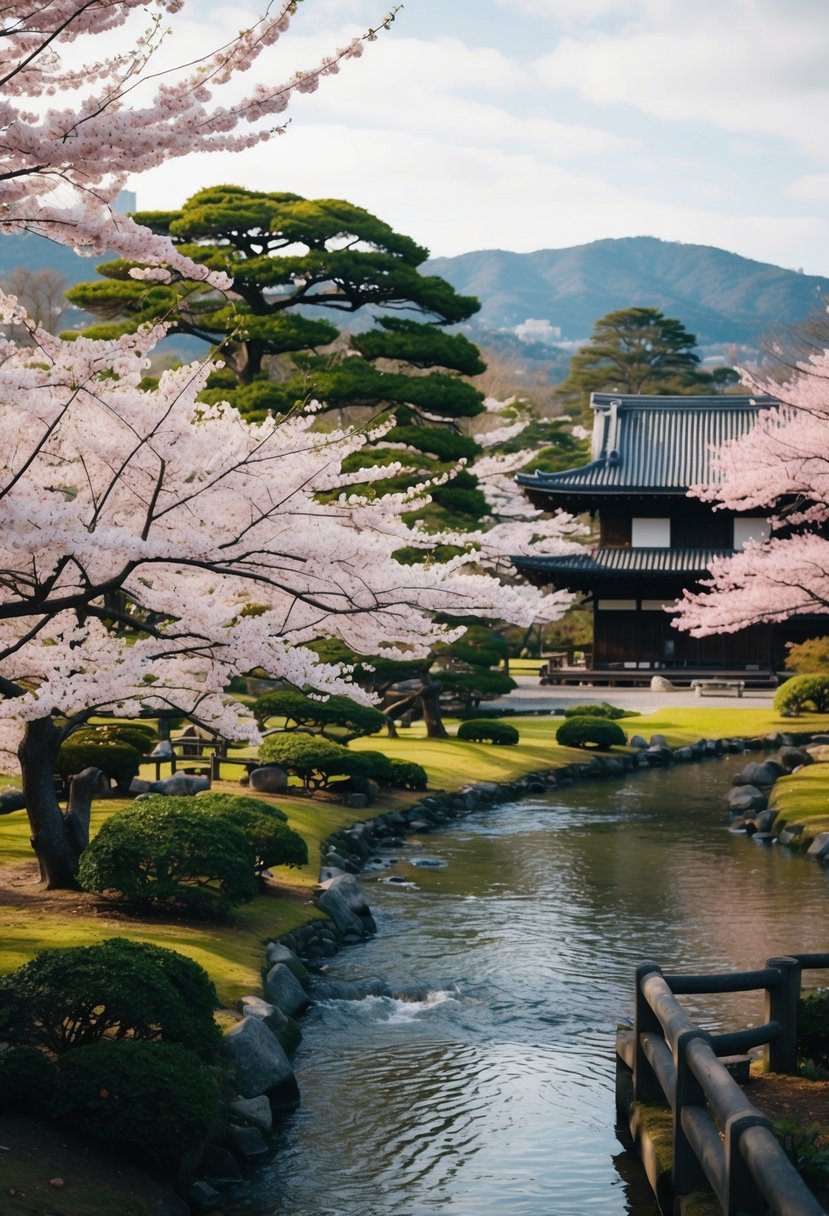 A serene Kyoto garden in February, with blooming cherry blossoms, traditional wooden buildings, and a peaceful river flowing through the landscape