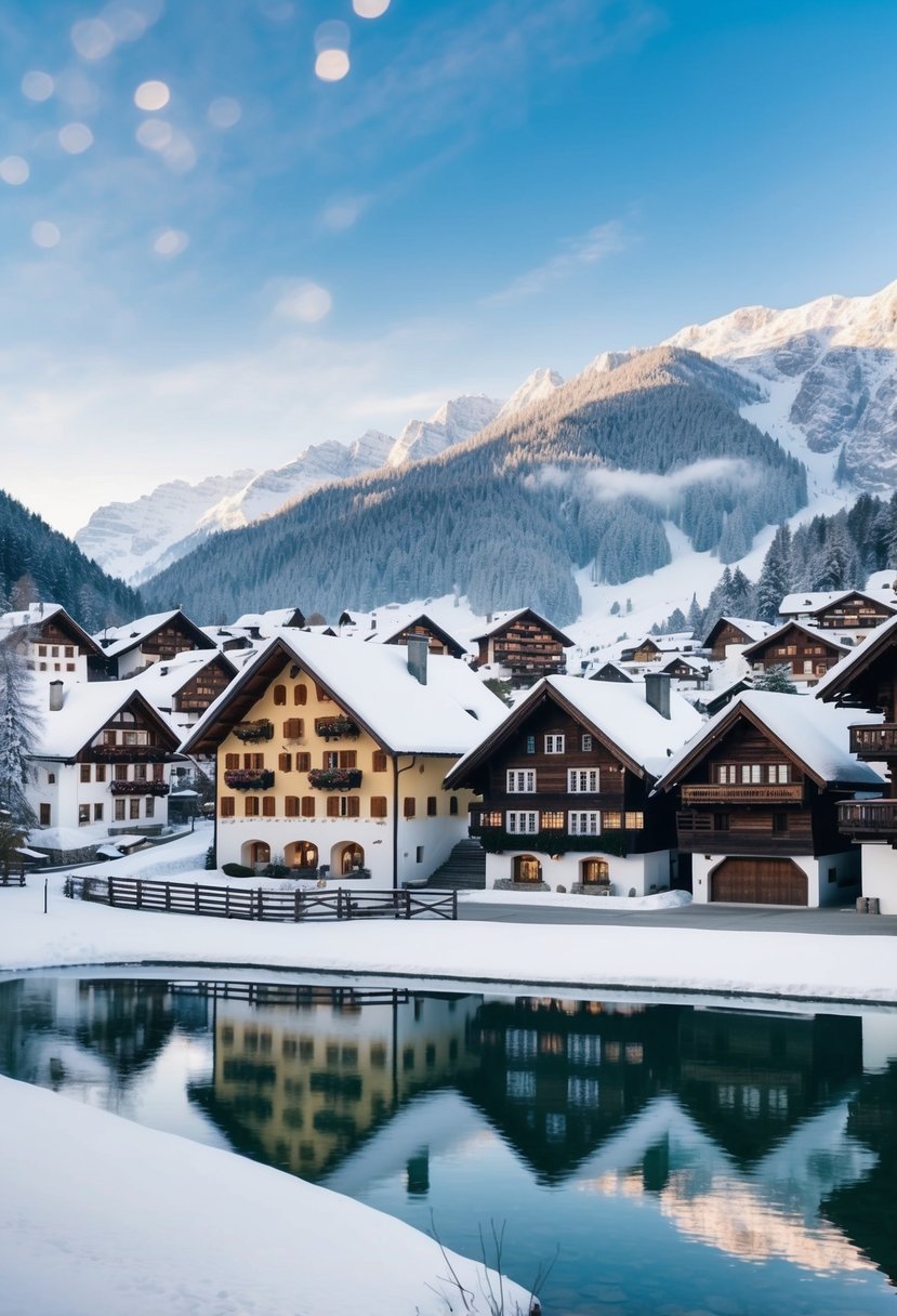 A snow-covered village nestled in the Austrian Alps, with charming wooden houses and a serene lake reflecting the surrounding mountains