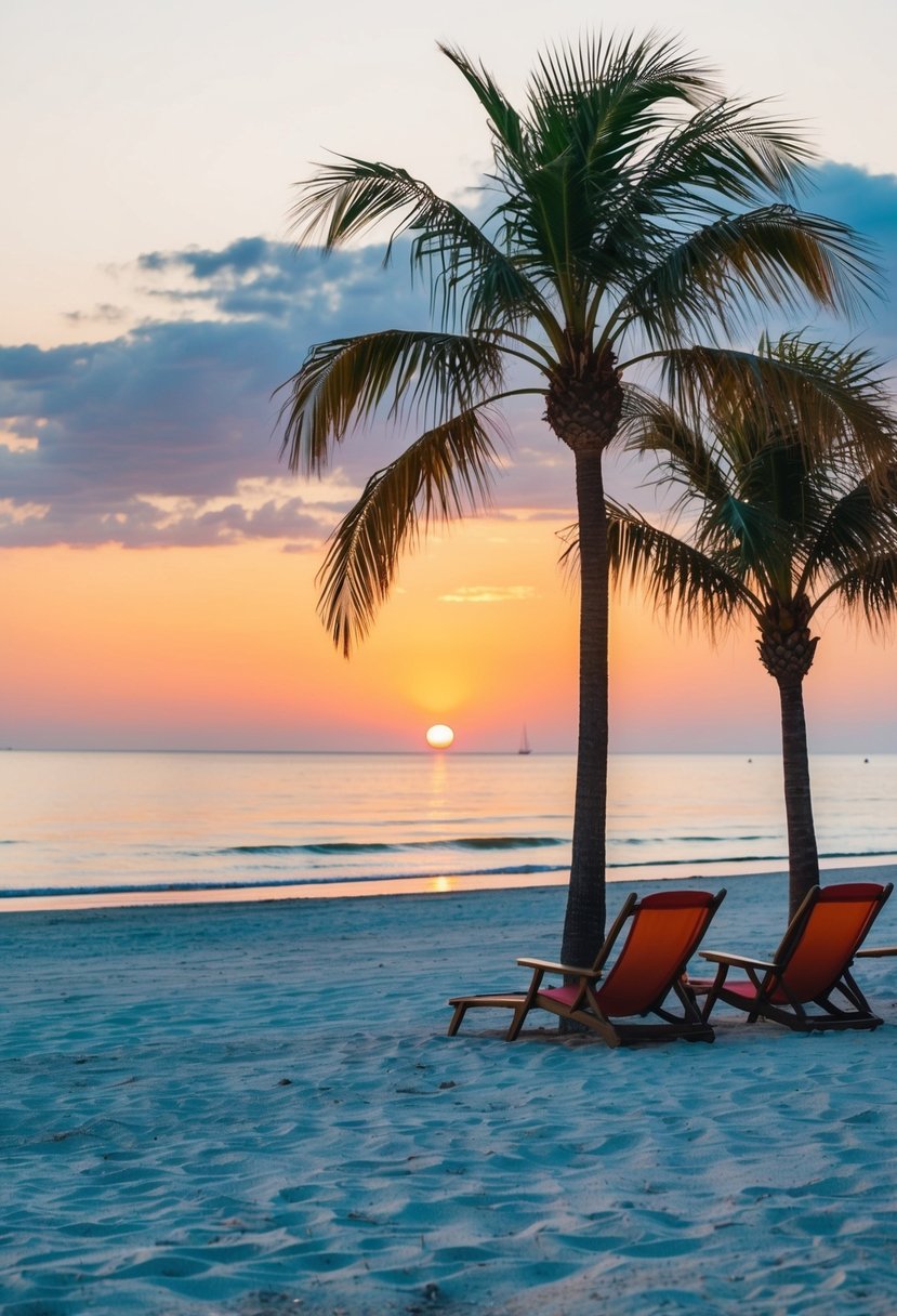 A serene beach at sunset with palm trees and a couple of beach chairs, overlooking the calm waters of St. Augustine, Florida