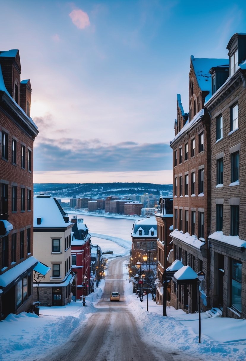 Snow-covered streets of Quebec City, with charming old buildings and a view of the St. Lawrence River